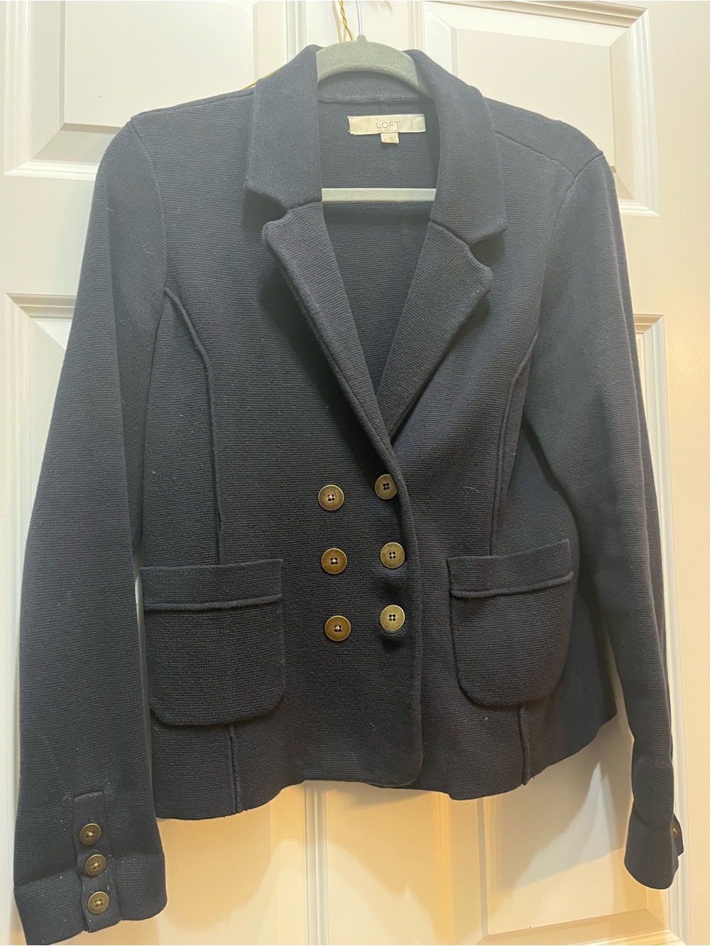 LOFT Navy Double-Breasted Knit Blazer